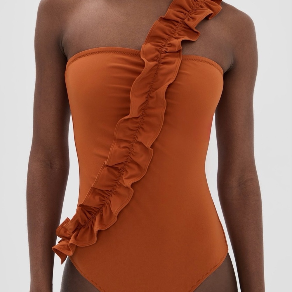 Ulla Johnson One-Shoulder Ruffle Swimsuit in Rust Orange